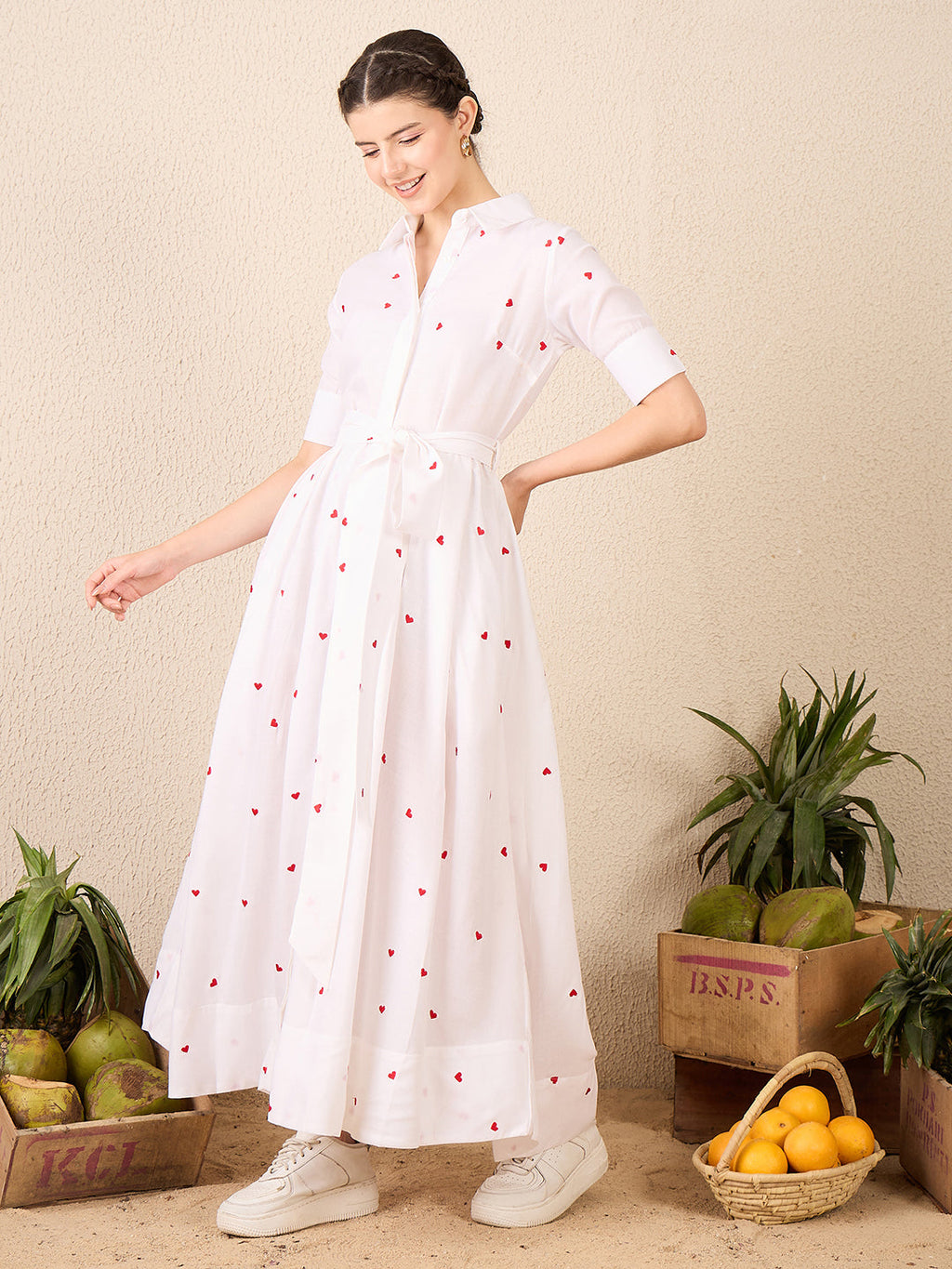 Pure Cotton Buttoned Down Shirt Dress With Belt - Pinkkup