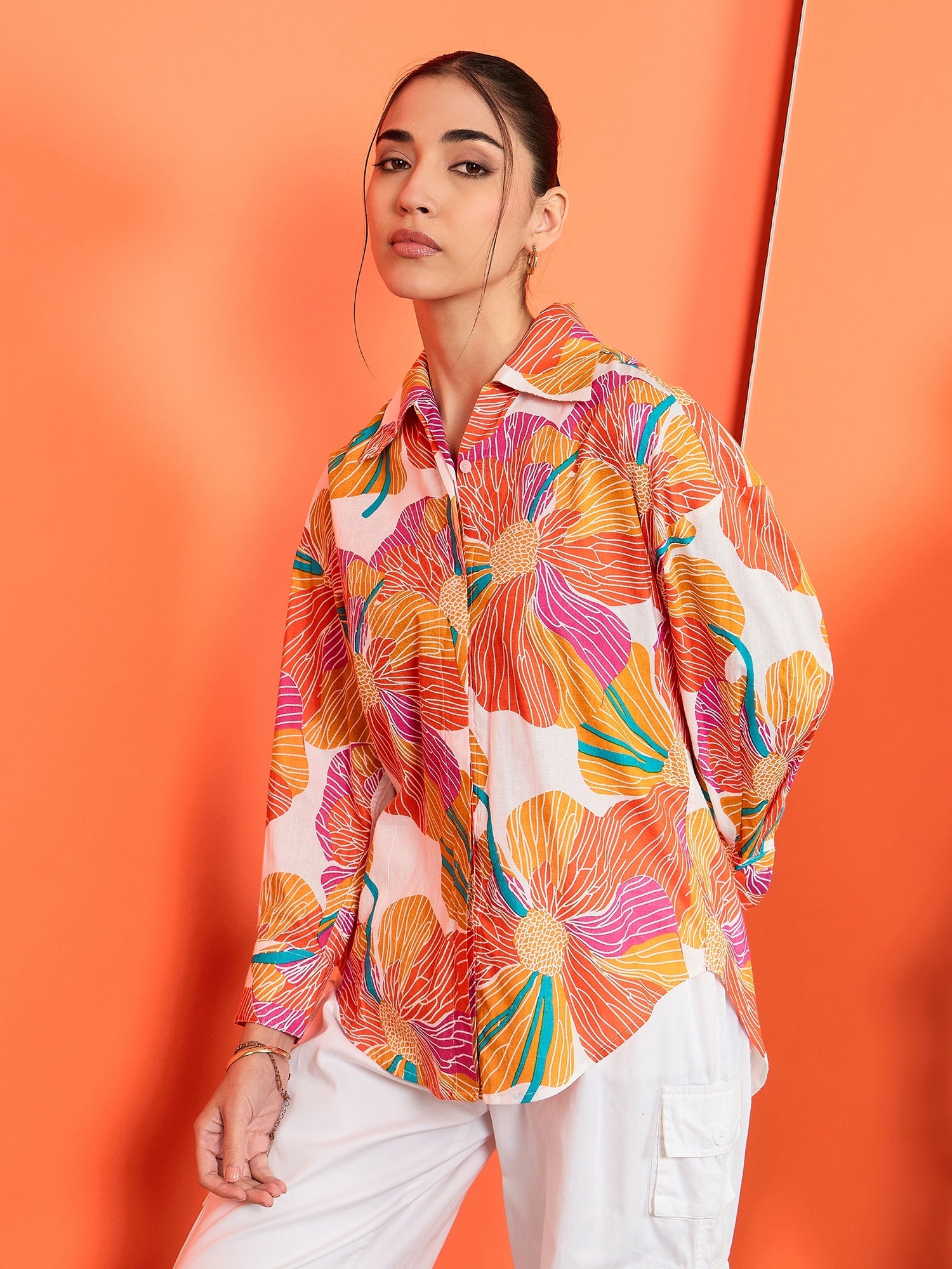 Printed Asymmetrical Cotton Shirt - Pinkkup