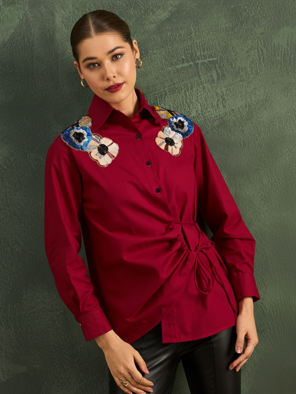 Pure Cotton Tie-Up Sequinned Shirt