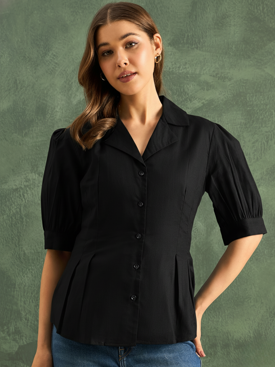 Puff Sleeve Pure Cotton Pleated Shirt - Pinkkup