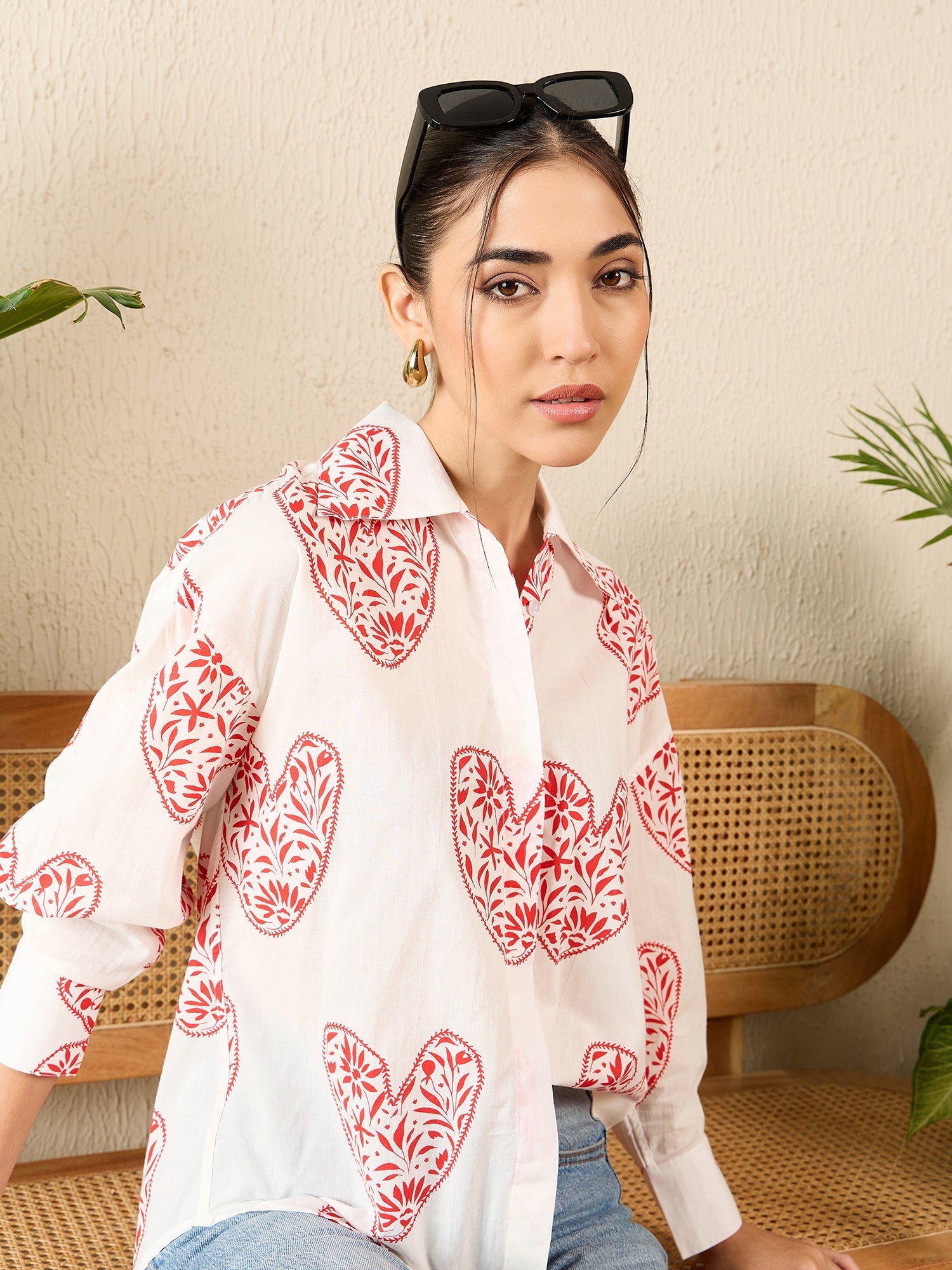 Printed Asymmetrical Cotton Shirt - Pinkkup