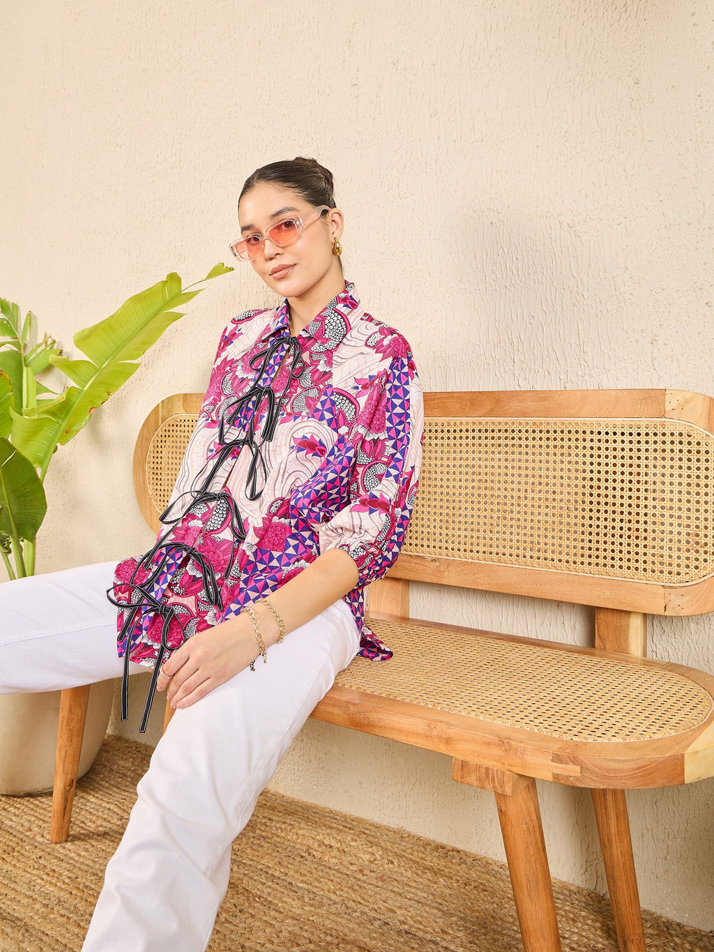 Printed Tie-Up Cotton Shirt - Pinkkup
