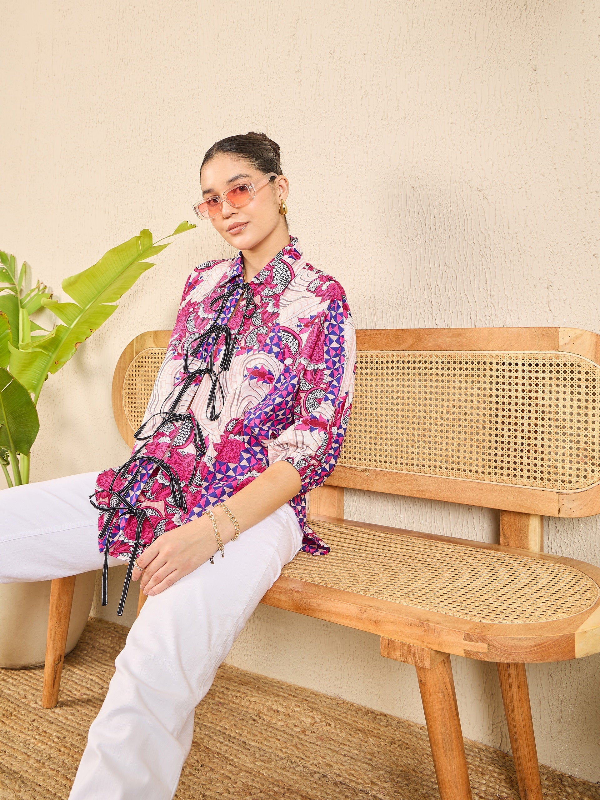 Printed Tie-Up Cotton Shirt - Pinkkup