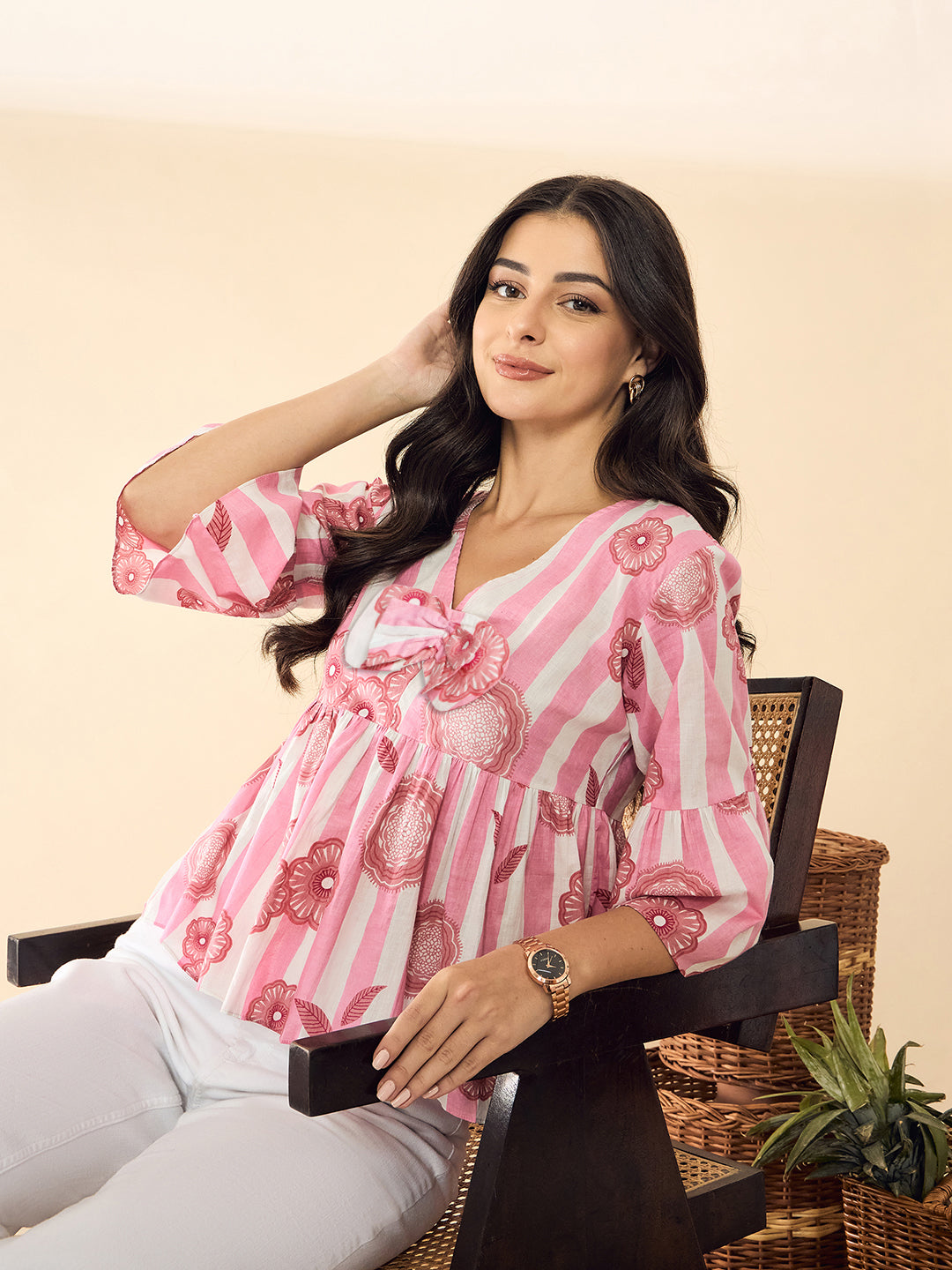 Bell Sleeve Cotton Peplum Top - Pinkkup