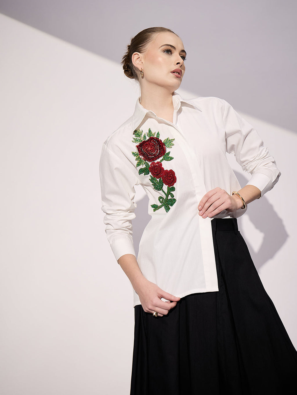 Sequinned Applique Cotton Shirt - Pinkkup