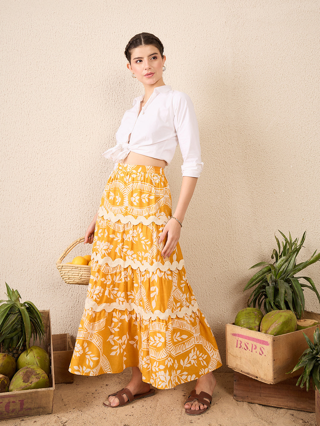 Ric-Rac Cotton Tiered Maxi Skirt - Pinkkup
