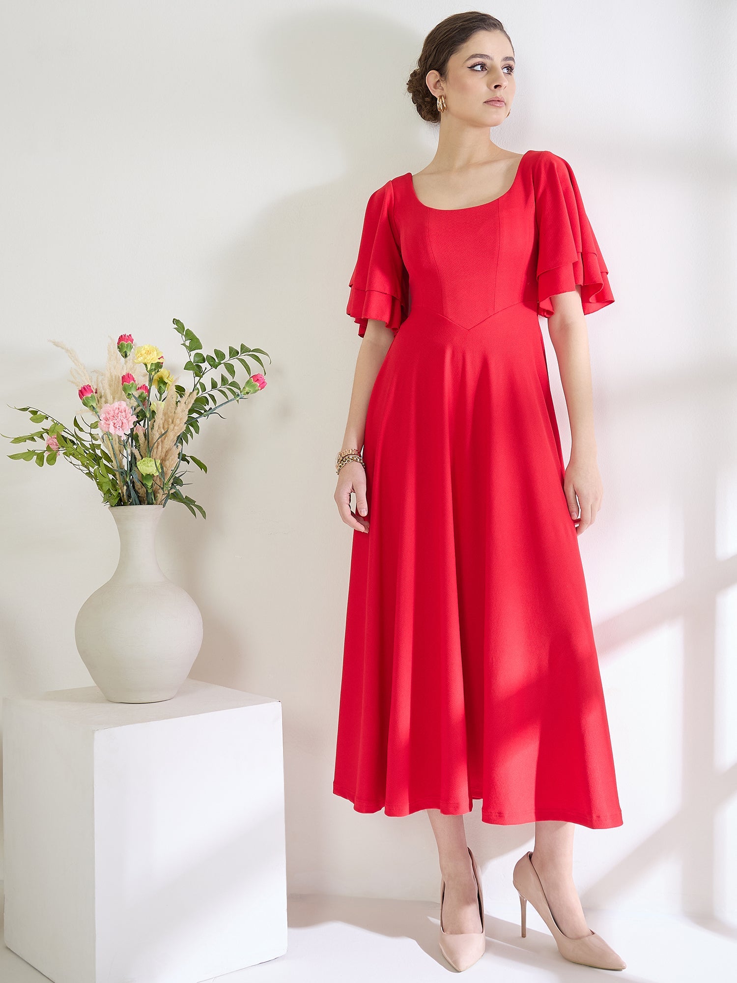 Stretchable Ruffled Sleeve Fit & Flare Dress