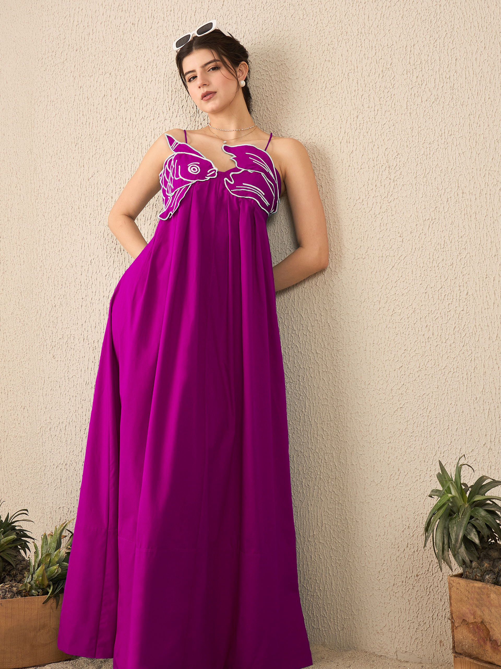 Fish Applique Cotton Maxi Dress