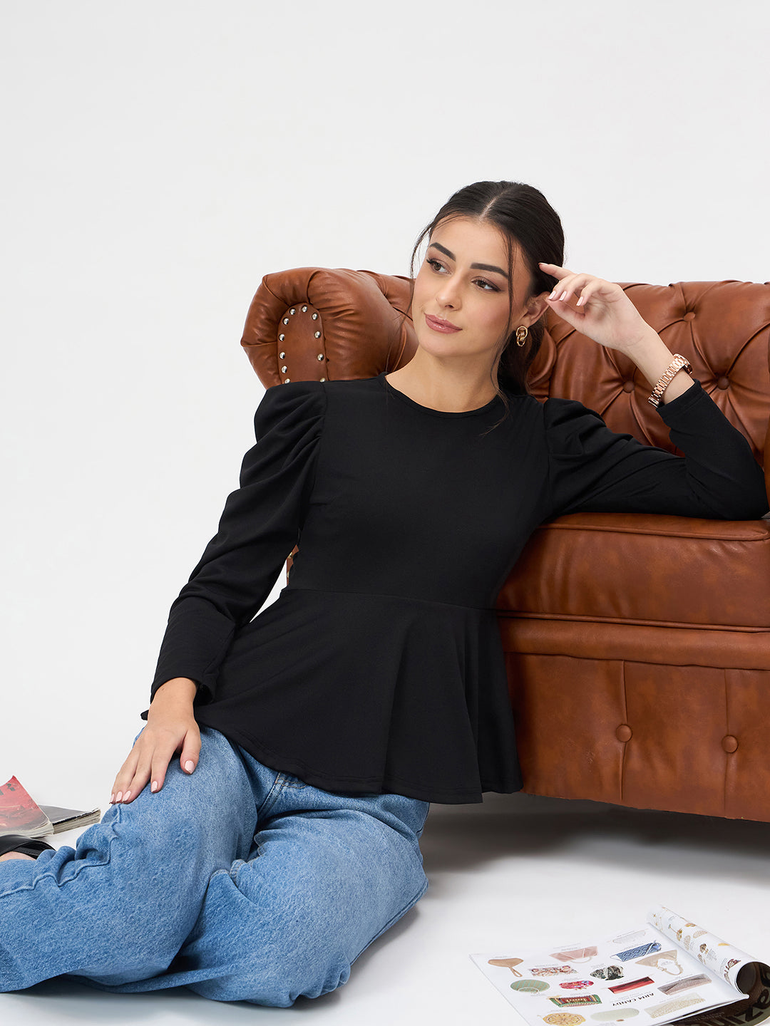 Stretchable Full Sleeves Peplum Top - Pinkkup