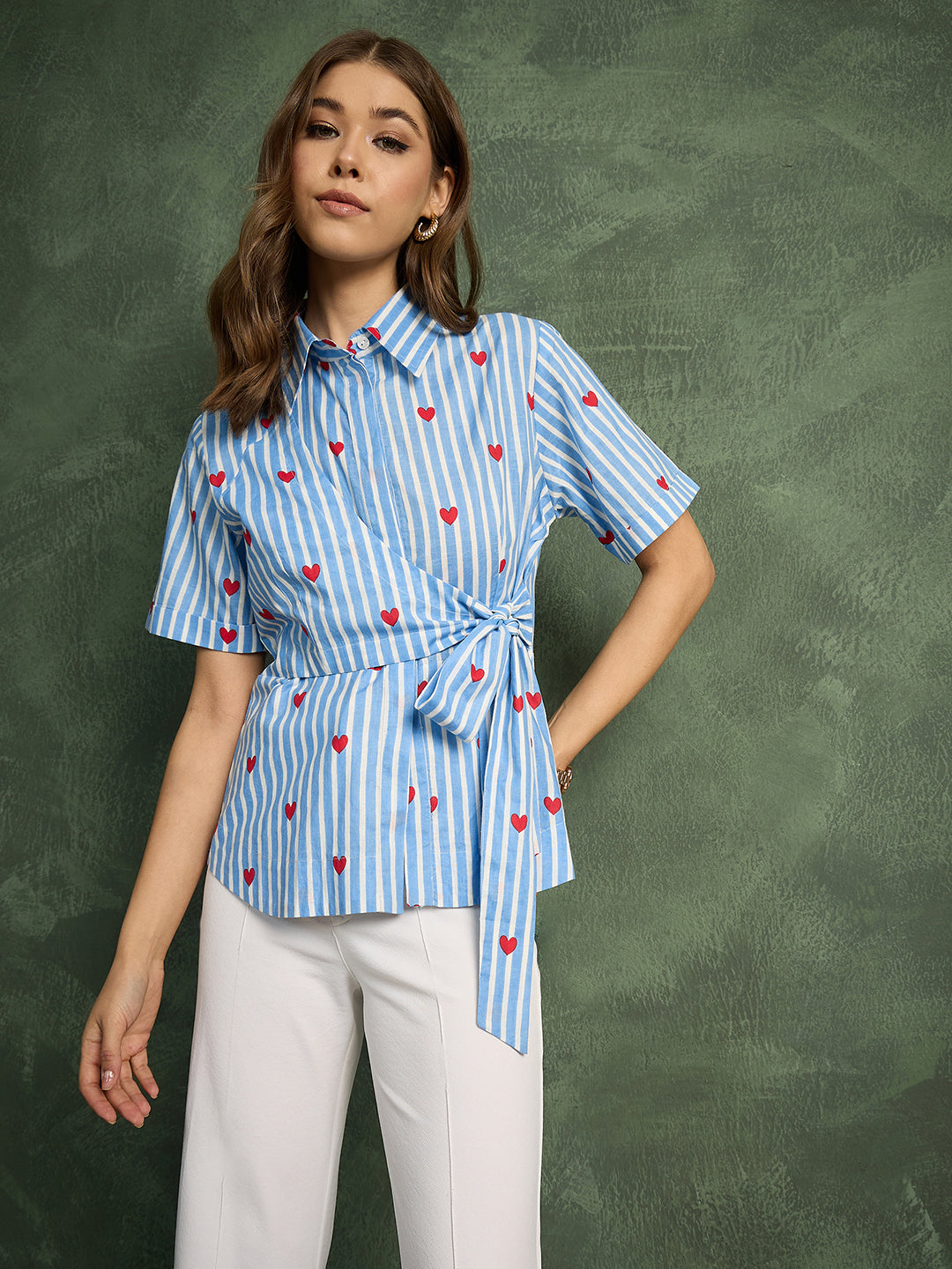 Pure Cotton Waist Tie-Up Shirt - Pinkkup