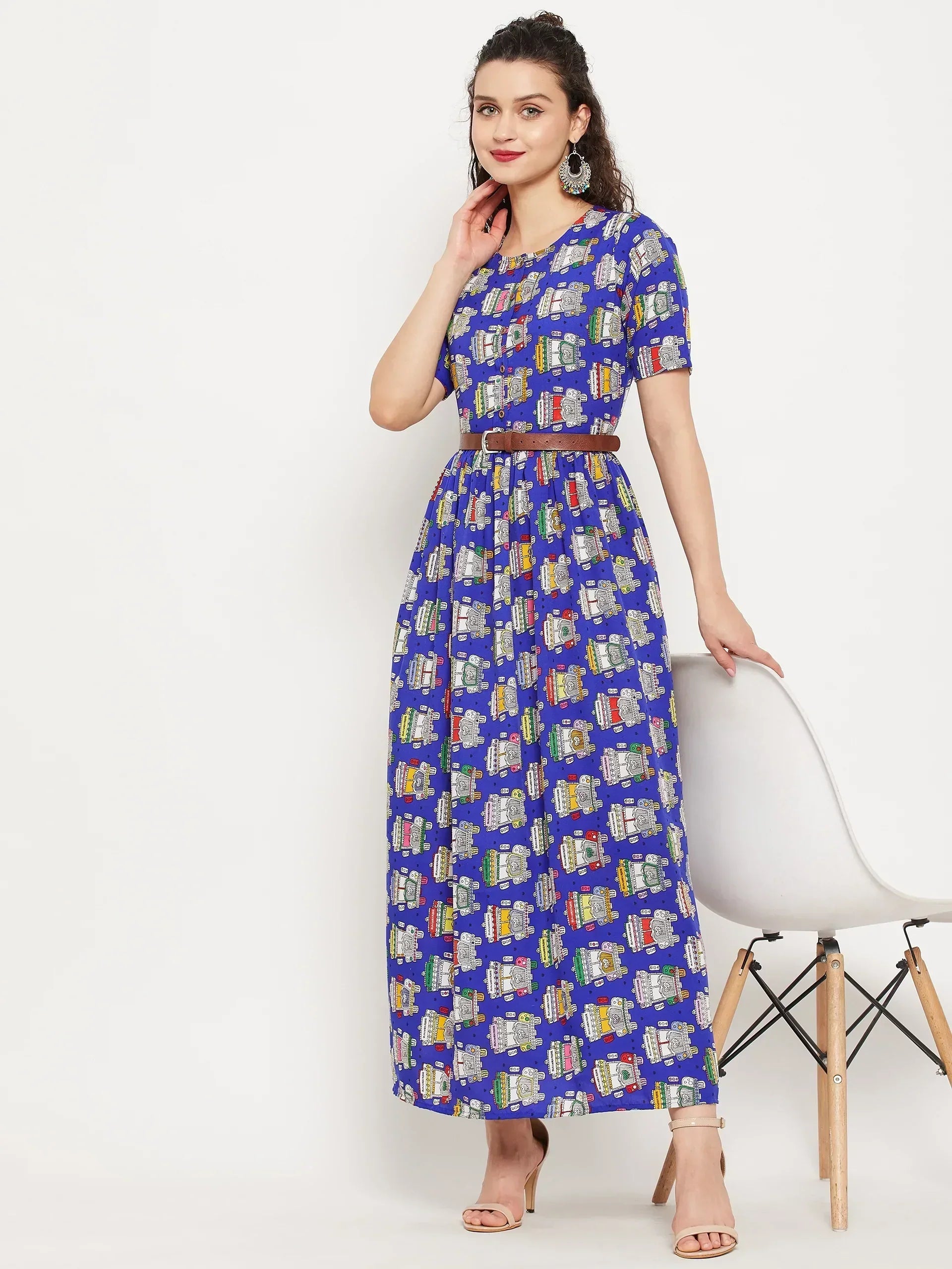 Printed Maxi Dress with Belt - Pinkkup