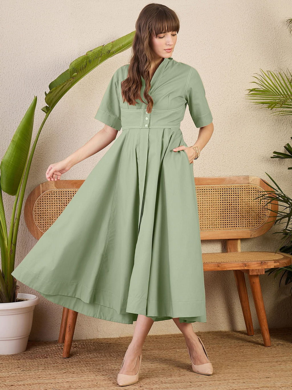 Corset Panelled Cotton Midi Dress