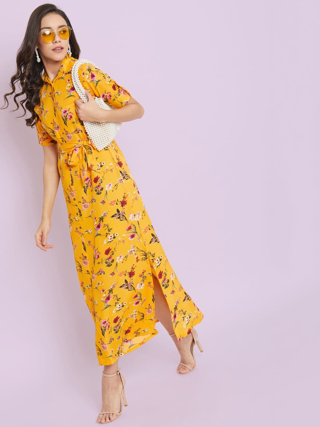 Collar Buttoned Down Shirt Maxi Dress - Pinkkup