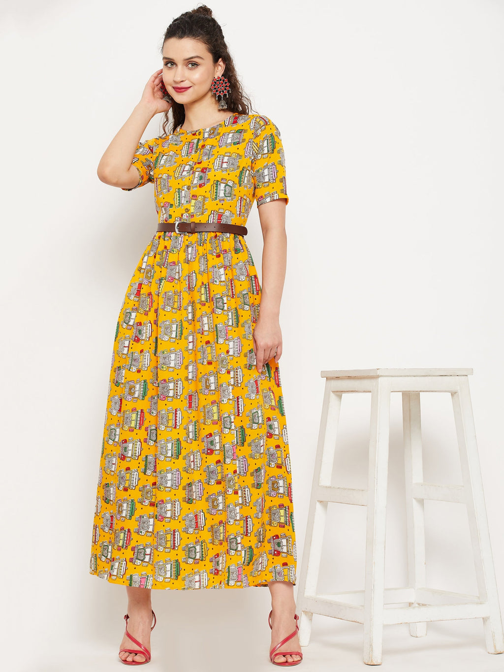 Printed Maxi Dress with Belt - Pinkkup