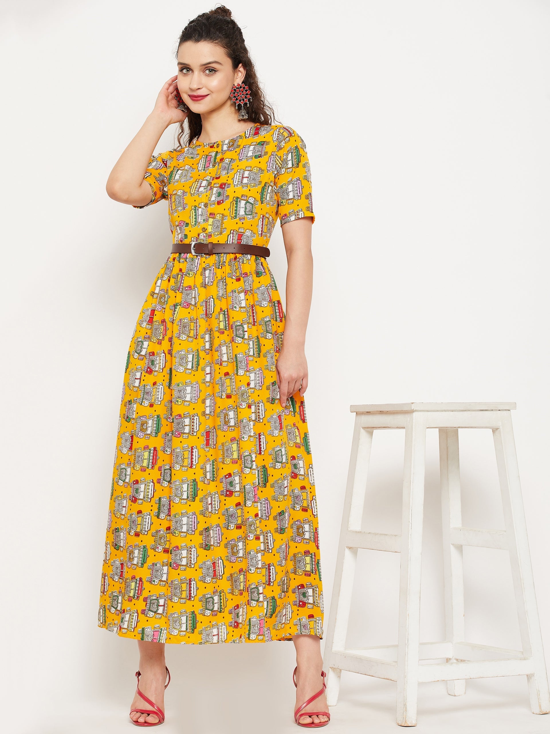 Printed Maxi Dress with Belt - Pinkkup