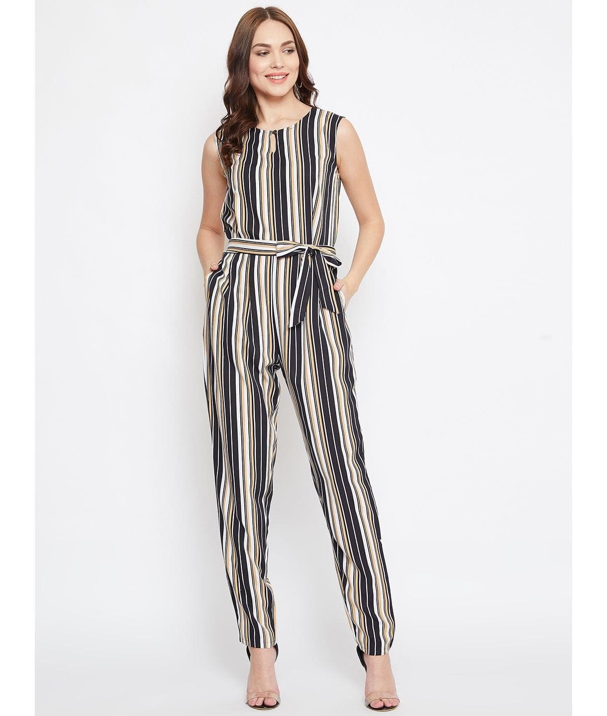 Striped Keyhole Jumpsuit with Belt