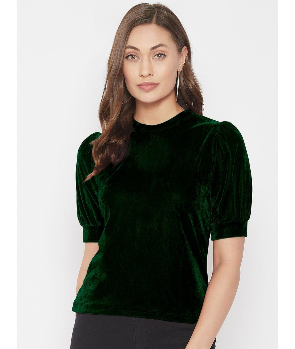 Stretchable Velvet High Neck Puff Sleeve Top - Pinkkup