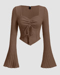 Ruched Front Square Neck Full Sleeve Top in Smokey Brown
