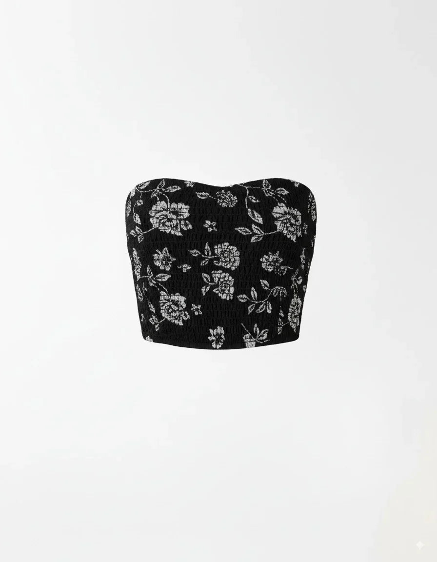 Mesh Floral Print Strapless Corset Top In Black