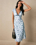 Blue Floral Print V-Neck Lettuce Trim Midi Dress