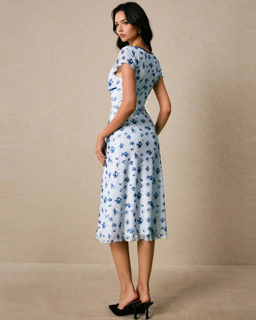 Blue Floral Print V-Neck Lettuce Trim Midi Dress