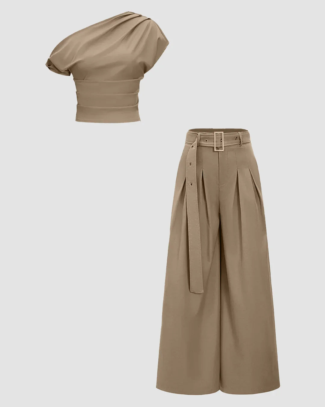 Latte One Shoulder Ruched Top & Wide-Leg Trousers Set
