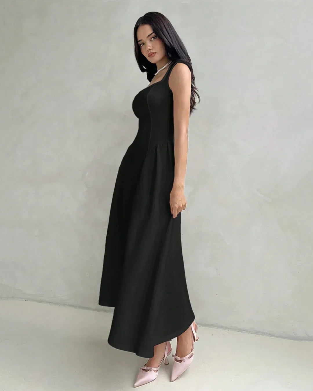 Square Neck Sleeveless Fit & Flare Midi Dress in Black