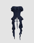 Solid Ruffle Wide Strap Front Tie Bow Tank Top In Navy Blue