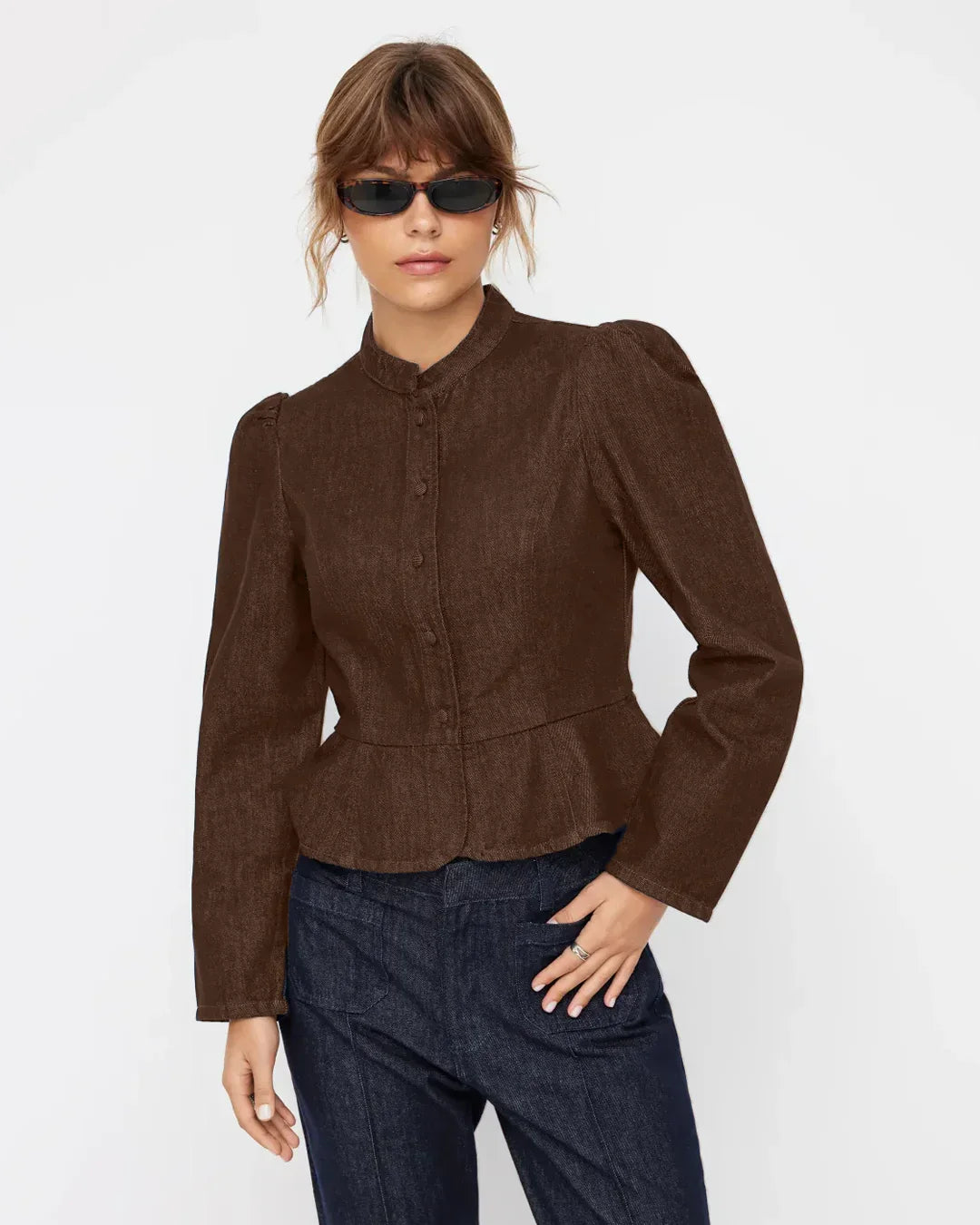 High Neck Button Down Denim Full Sleeve Top in Chocolate Fondae
