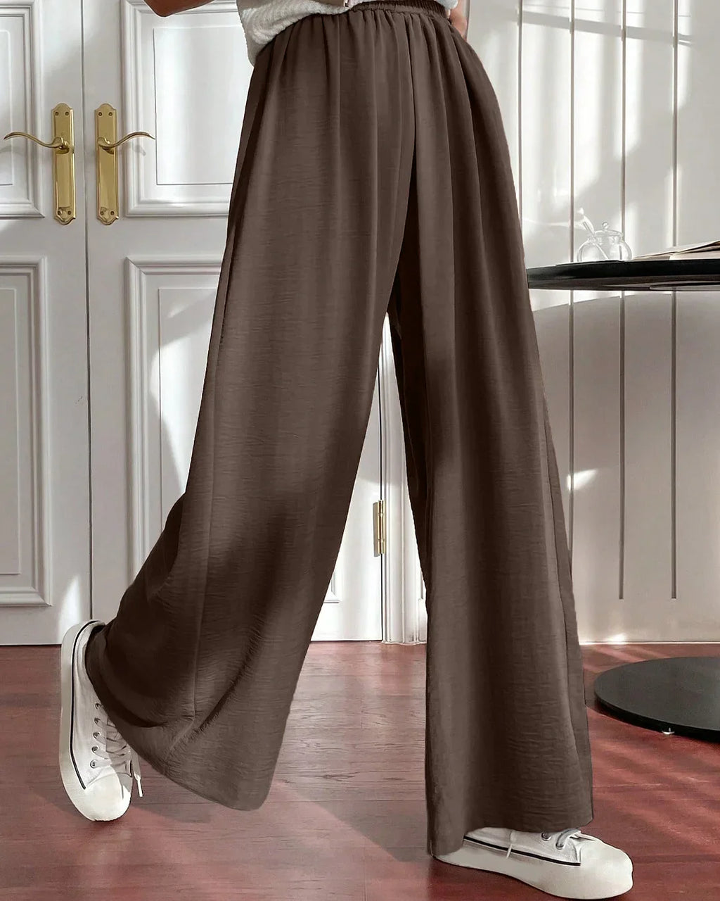 High-Rise Drawstring Wide Leg Pants in Chocolate
