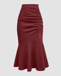 High-Waist Ruched Mermaid-Hem Midi Skirt in Maroon