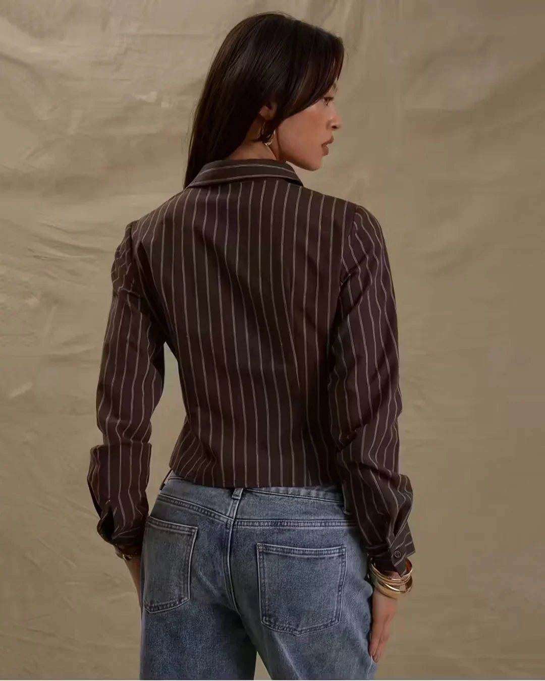 Pinstripe Fitted Long Sleeve Collared Shirt
