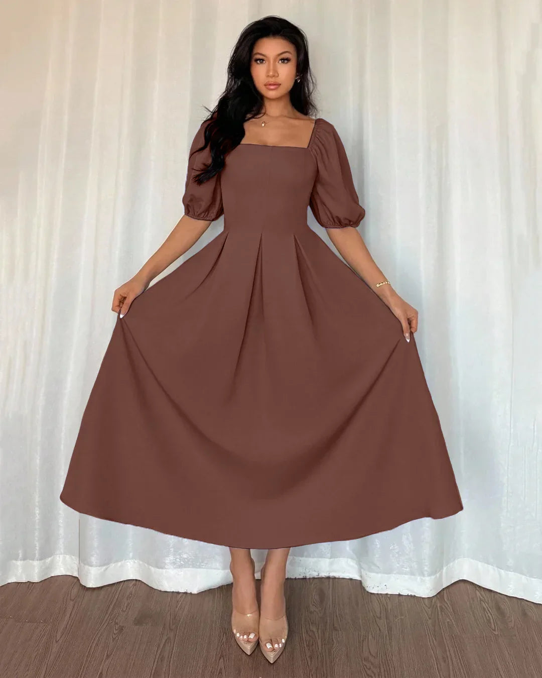 Minimalist Pleated Hem A Line Dress With Puff Sleeves in Brown