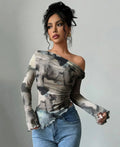 Abstract Print Asymmetrical Neck Long Sleeve Fitted Top