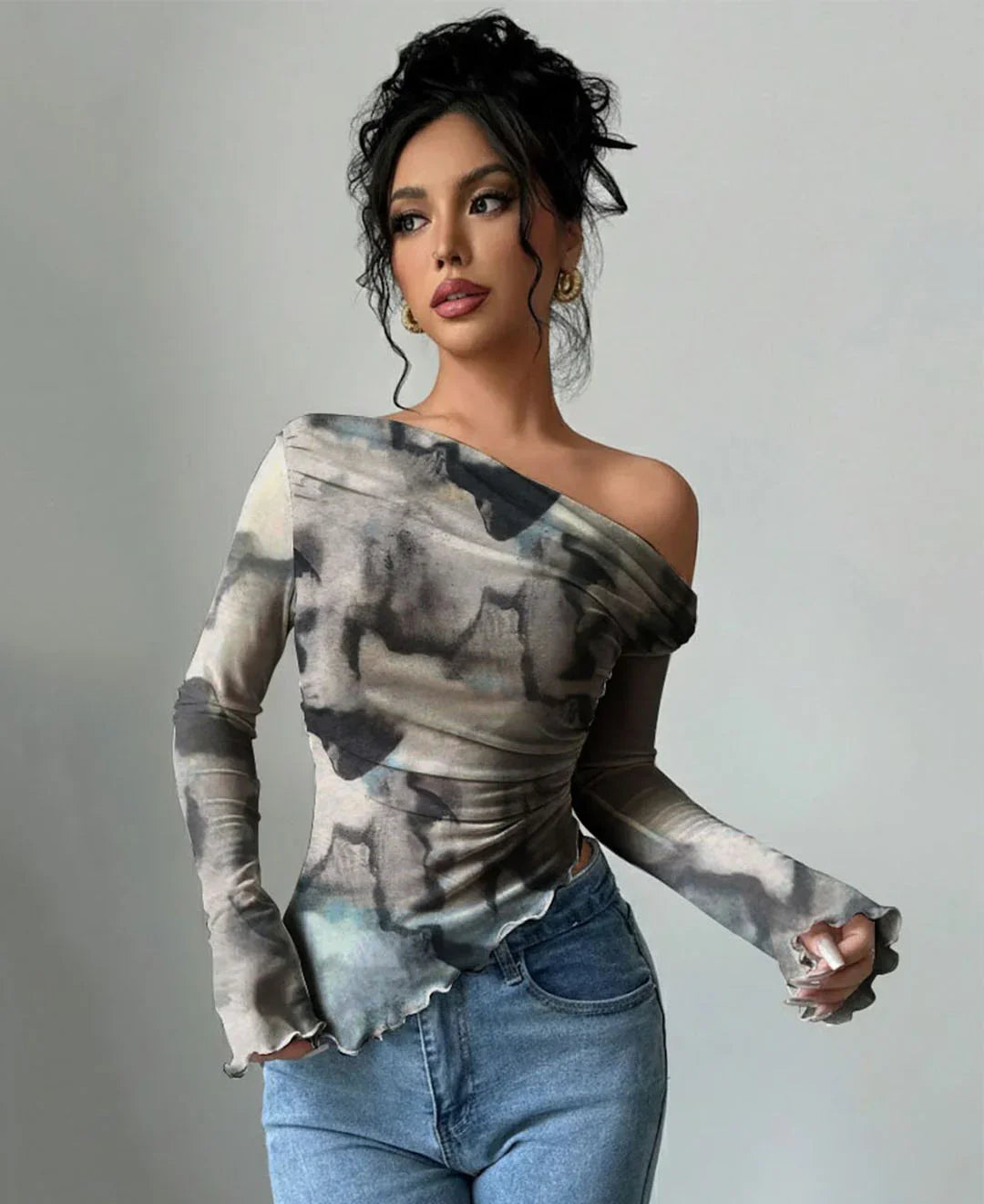 Abstract Print Asymmetrical Neck Long Sleeve Fitted Top
