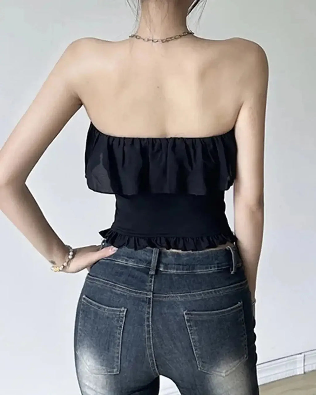 Plain Ruffled Trim Corset Tube Top In Black