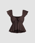 Ruffled Sleeve Tie Front Peplum Top in Brown