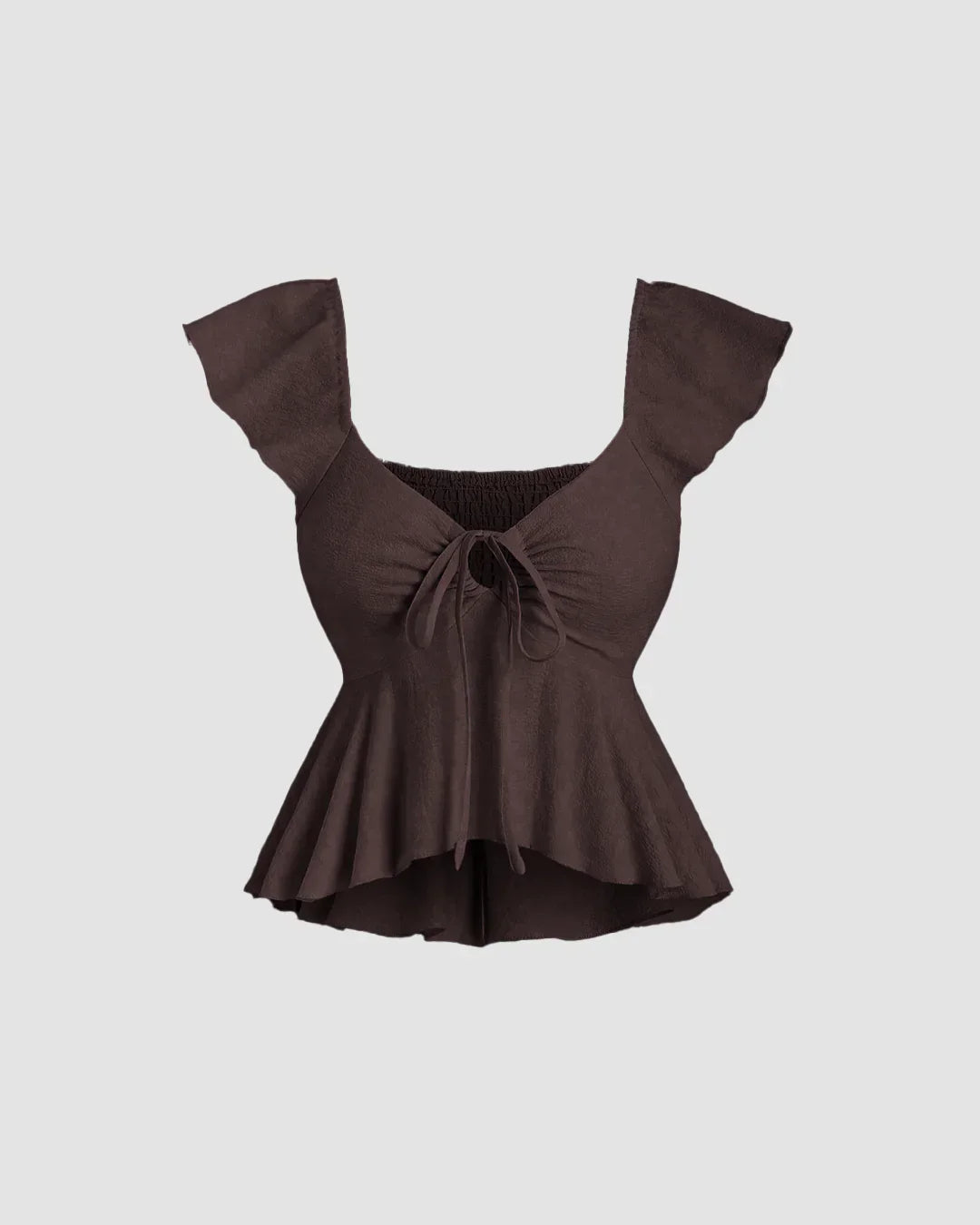 Ruffled Sleeve Tie Front Peplum Top in Brown