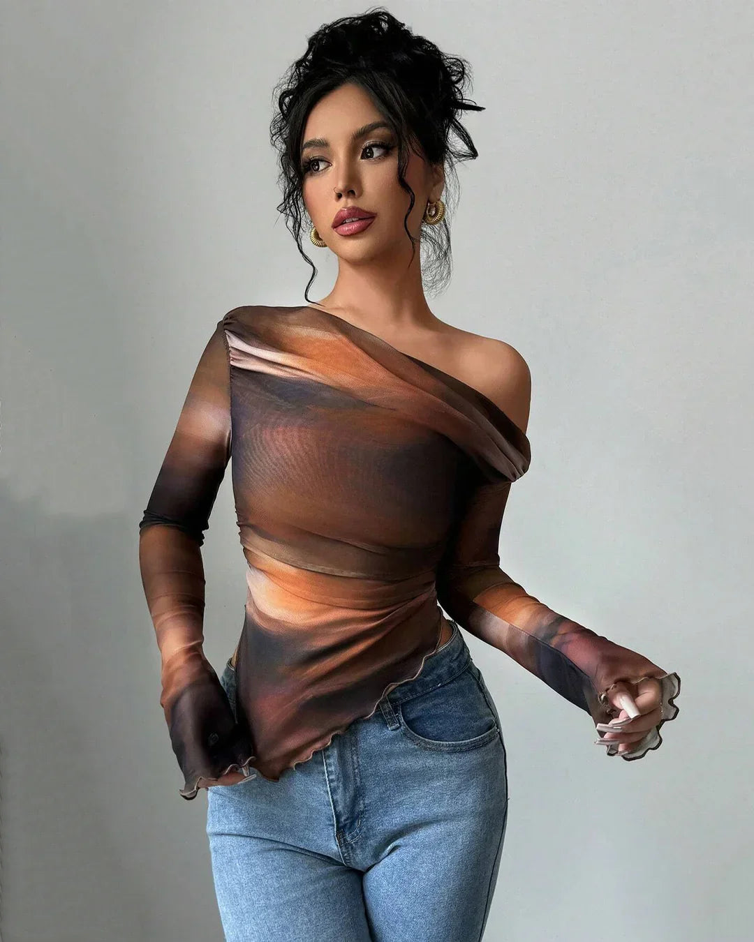 Abstract Print Asymmetric Neck Long Sleeve Fitted Top