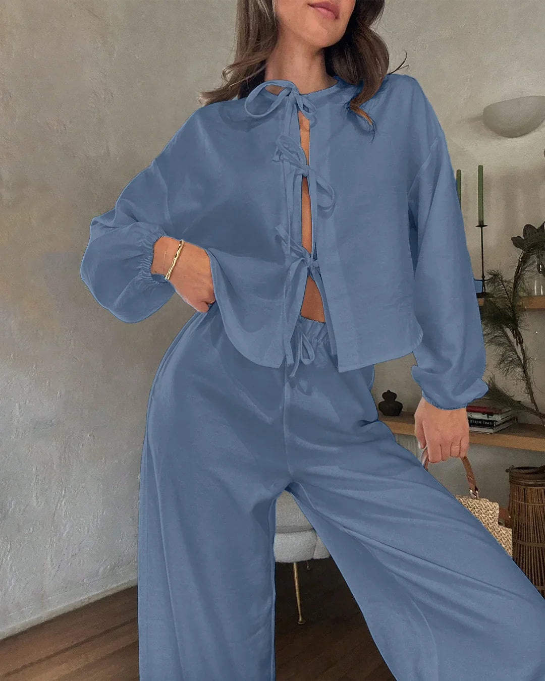 Long Sleeve Button Top & Wide-Leg Trousers Matching Set in French Blue