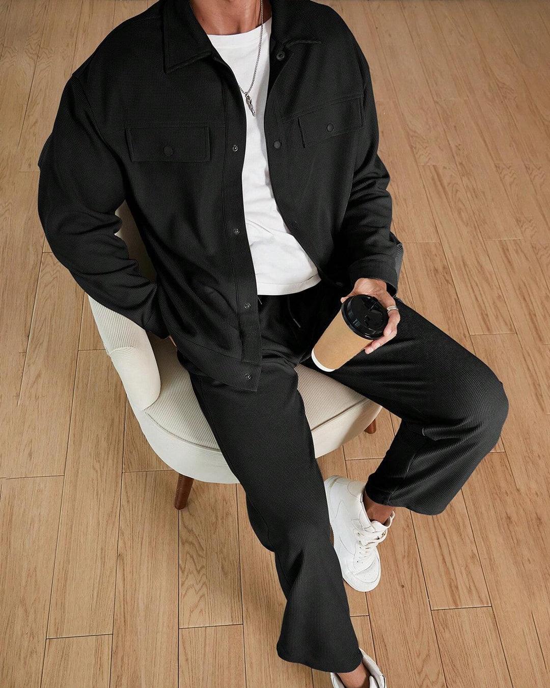 Men Waffle Texture Jacquard Shirt Set In Black