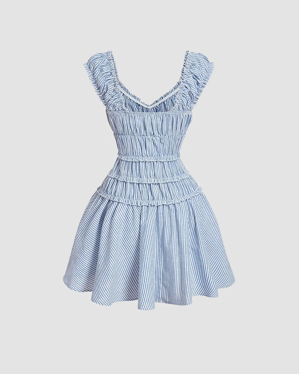 Blue Striped Smocked Mini Dress with Ruffle Sleeves
