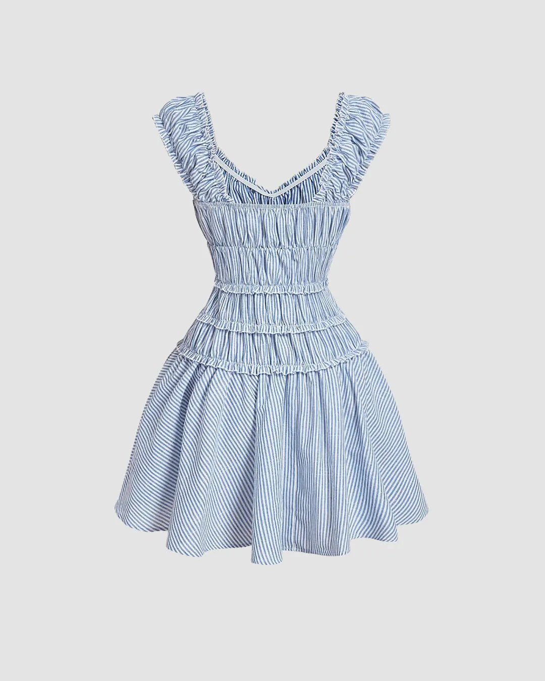 Blue Striped Smocked Mini Dress with Ruffle Sleeves