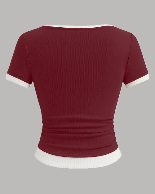 Casual Slim Fit Maroon and White Tee with Contrast Hem