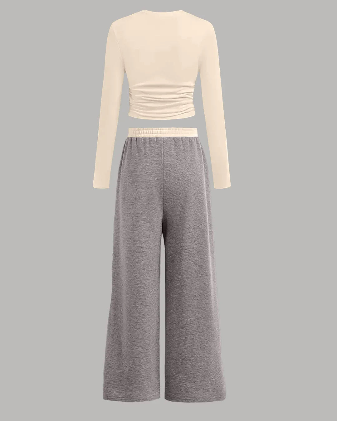 Melange Long Sleeve Fitted Top & Wide-Leg Pants Set