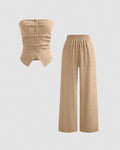 Solid Button Sleeveless Top With Solid Wide Leg Trousers In Tanin Brown