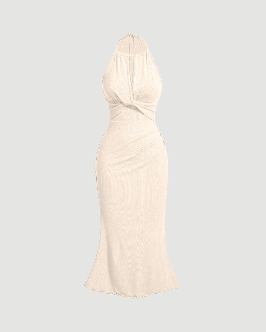 Twist Knot Solid Color Halter Neck Fish Tail Off-White Dress