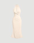 Twist Knot Solid Color Halter Neck Fish Tail Off-White Dress
