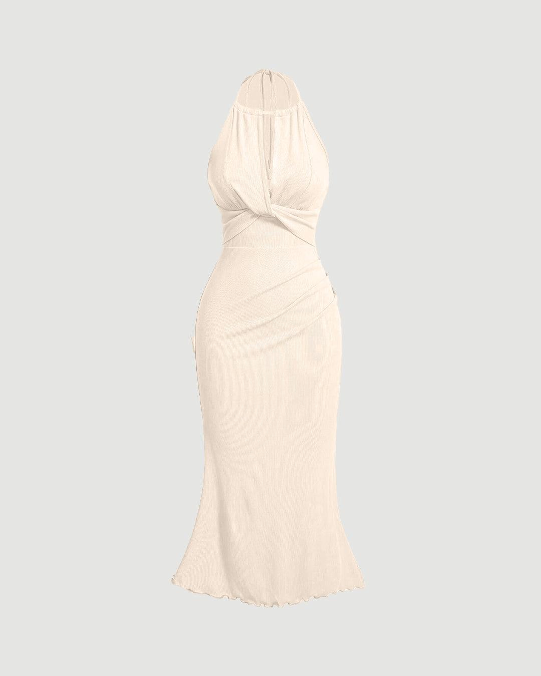 Twist Knot Solid Color Halter Neck Fish Tail Off-White Dress