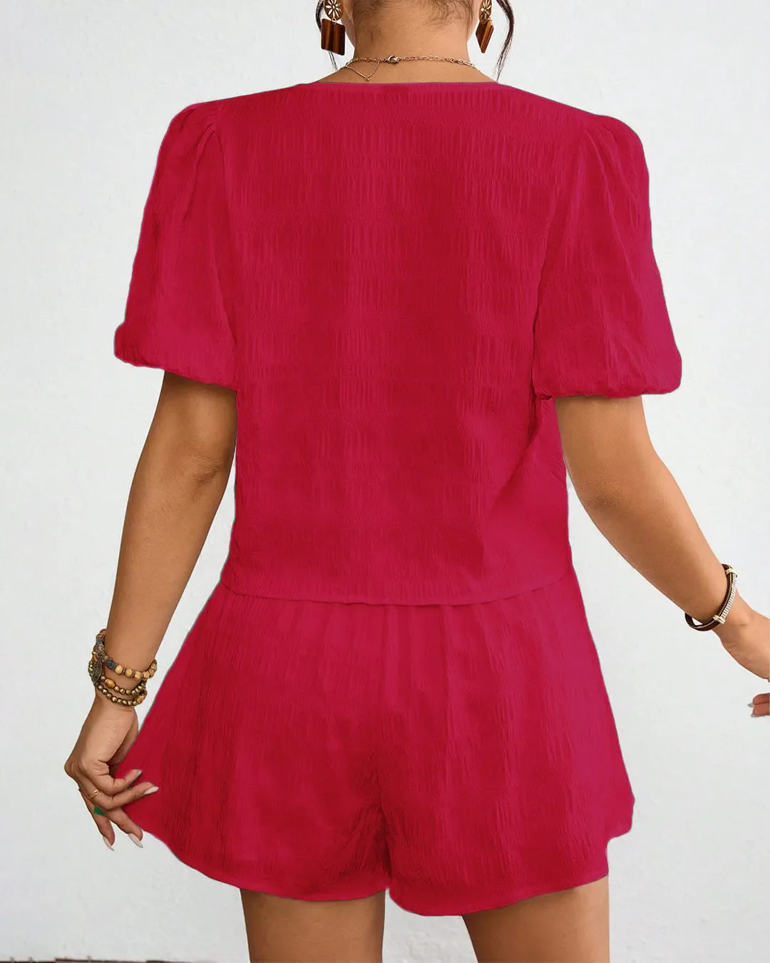 Hot Pink Puff Sleeve Crop Top & High-Waist Shorts Co-Ord Set